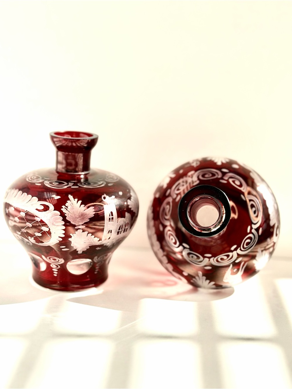 Egermann Ruby Cut To Clear Bohemian CZECH ART GLASS Bottles w/ Stoppers Set of 2 - Picture 13 of 16